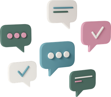 Mehrere Sprechblasen mit verschiedenen Symbolen.