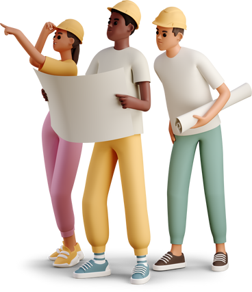 Junge Leute mit Helmen halten einen Bauplan.