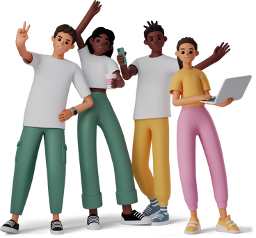 Vier Schüler*innen stehen glücklich zusammen und winken.